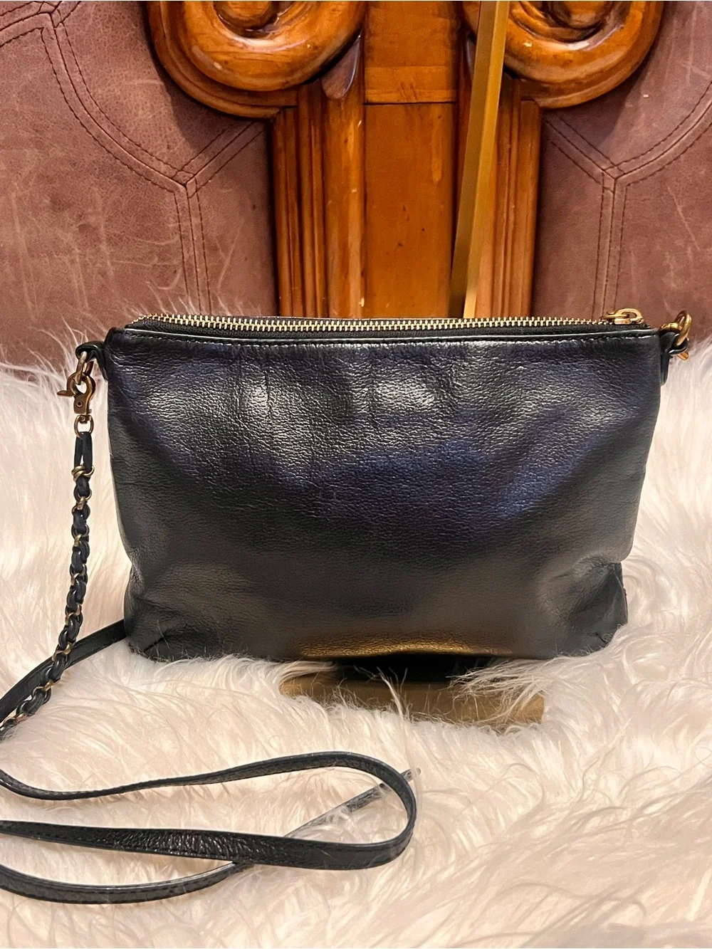 Elliott Lucca  Messina 3-Zip Leather Black Leather  with Gold-Tone crossbody bag